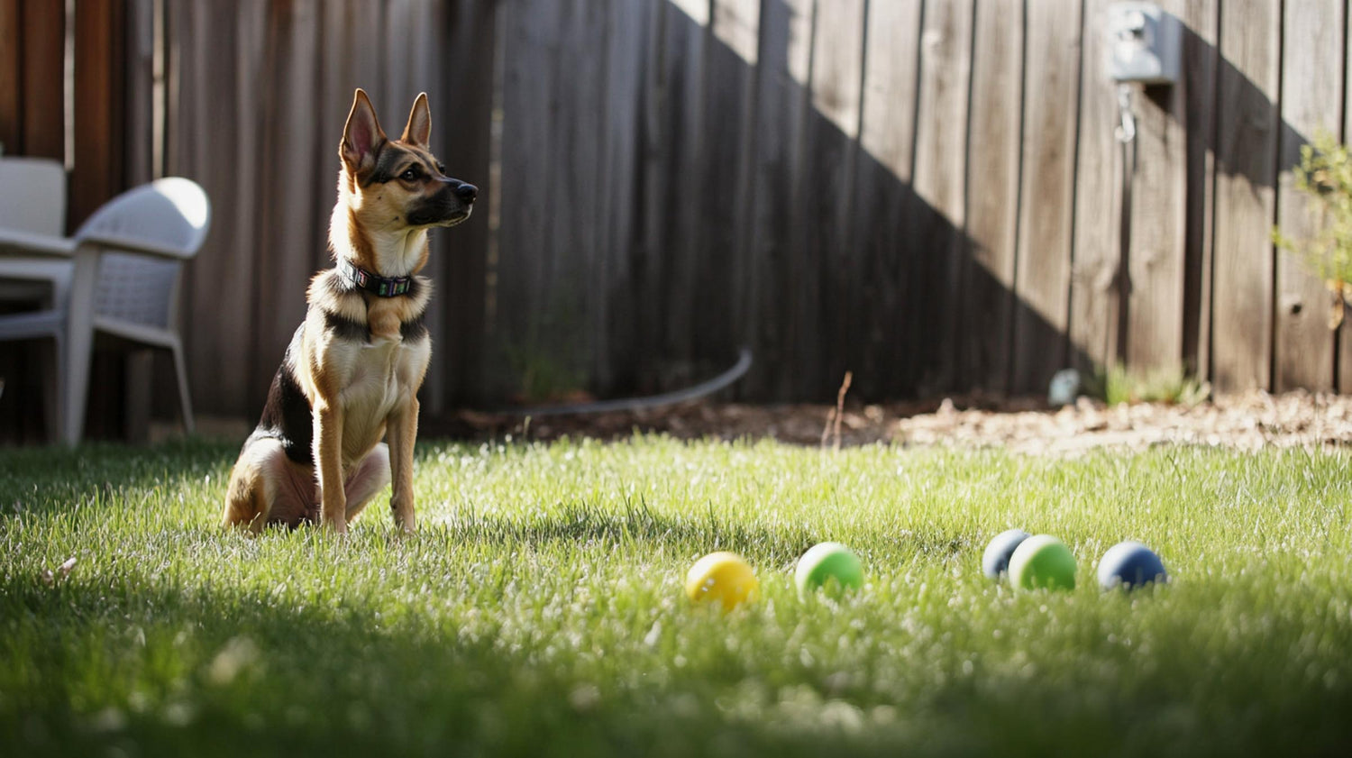 A German Shepherd sitting attentively in a grassy backyard with coloured balls scattered on the ground in front of it.