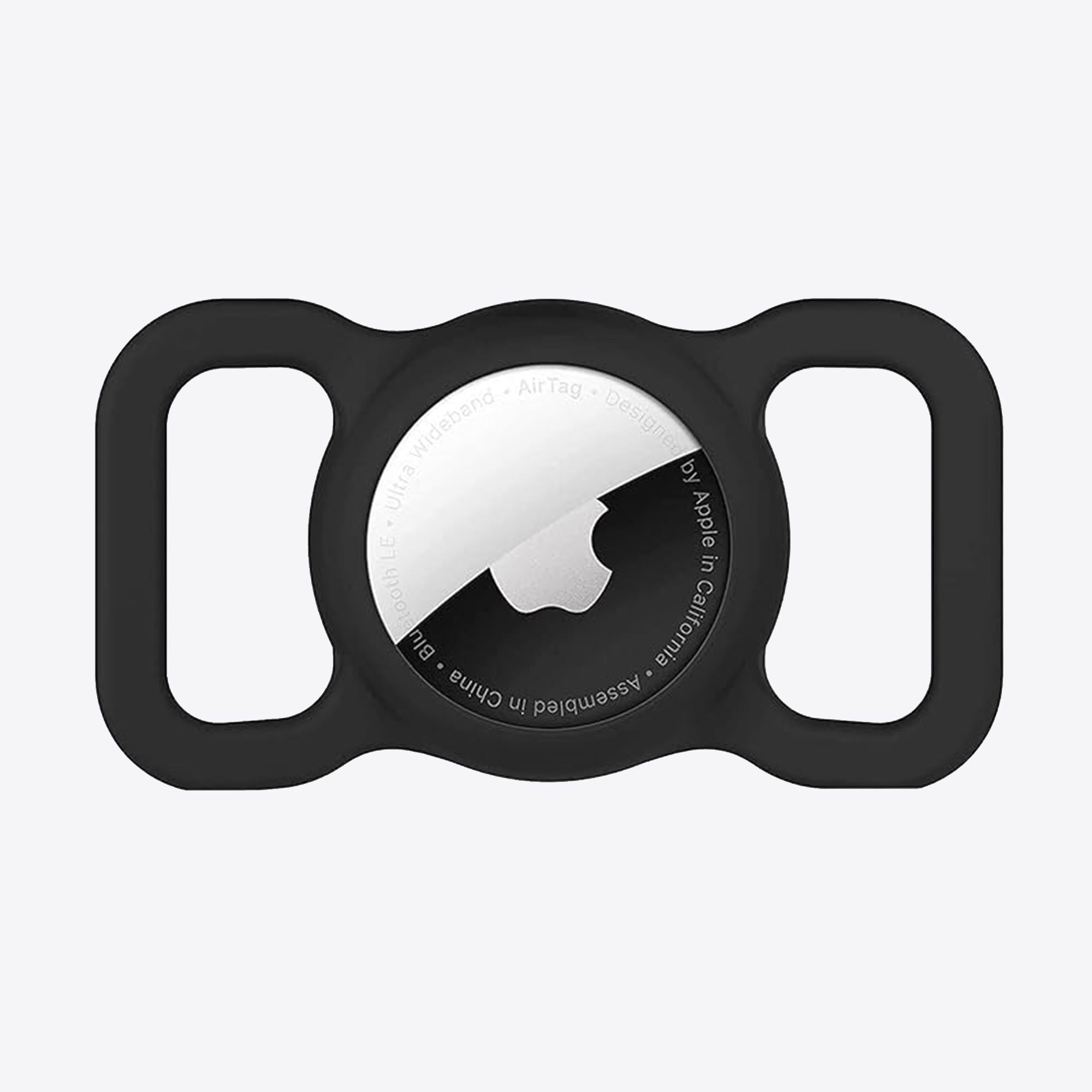 Apple AirTag in black silicone dog collar holder