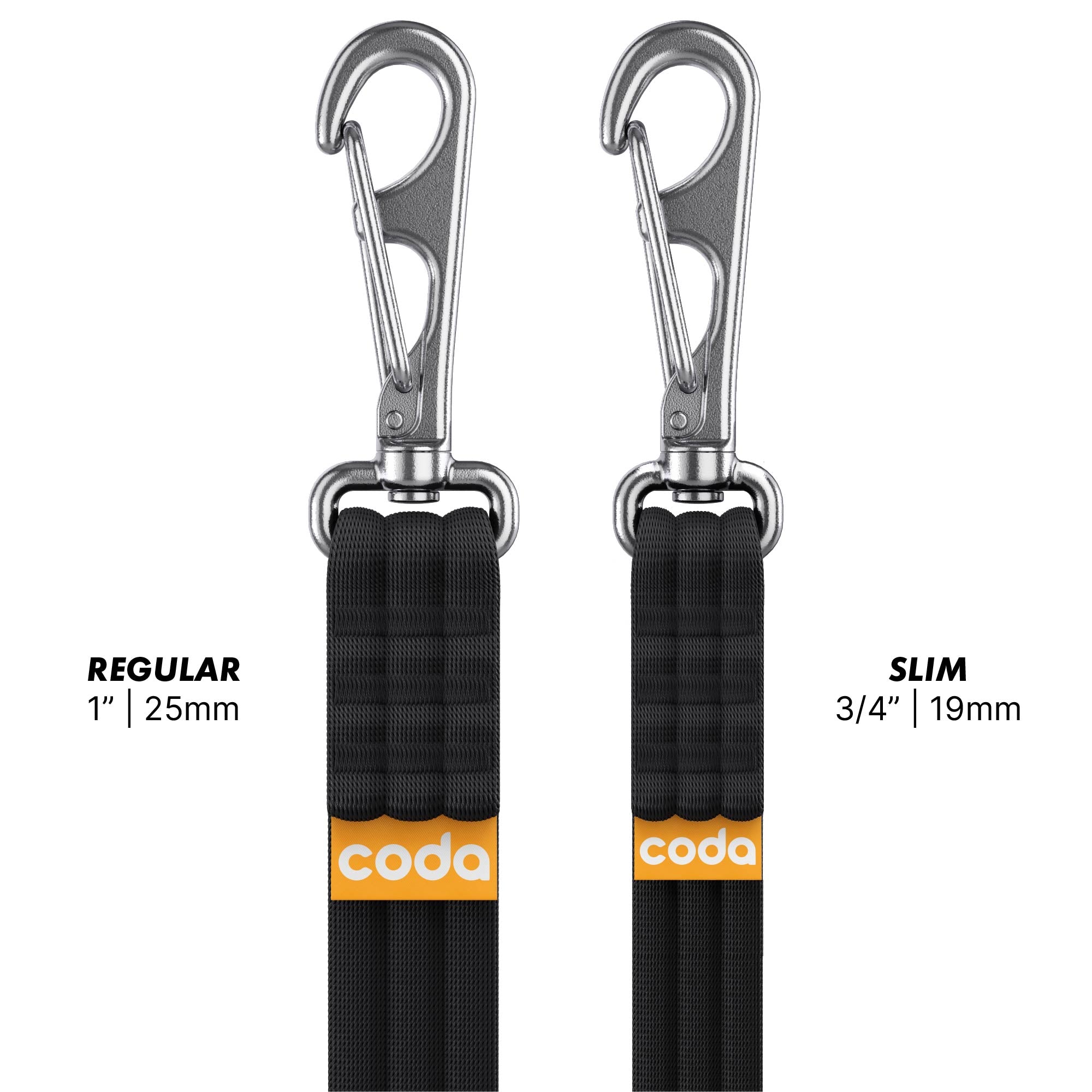 Regular and slim dog leashes with stainless steel clips featuring the Coda brand.