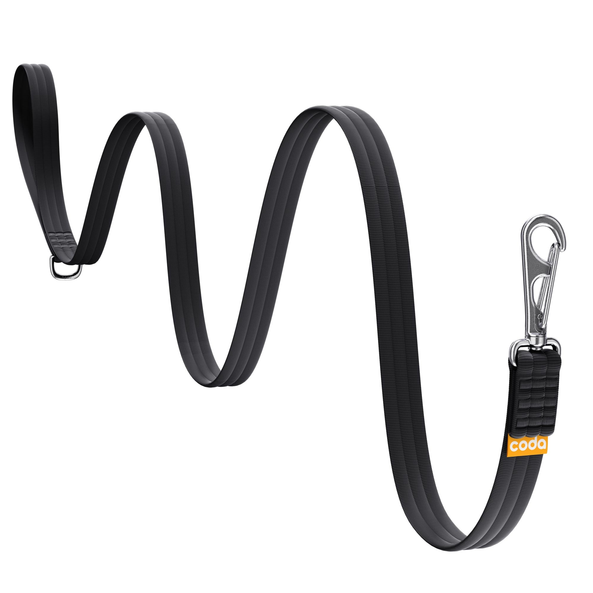 Strong and comfortable black dog leash with a stainless steel clip snaked across a white background