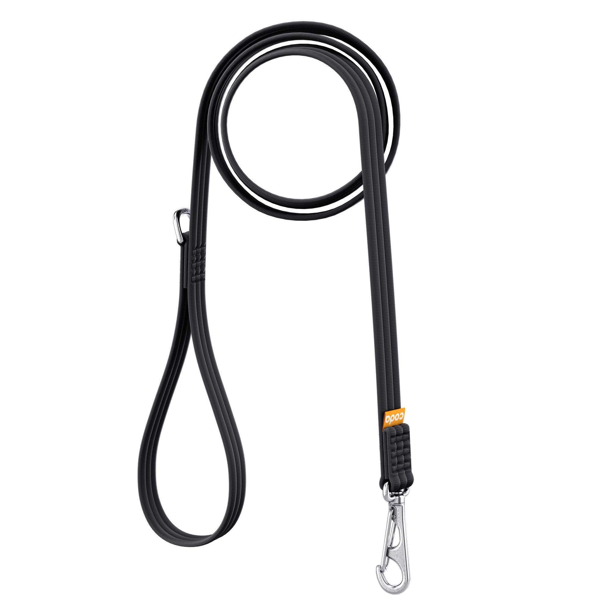Strong and comfortable black dog leash wrapped up on a white background