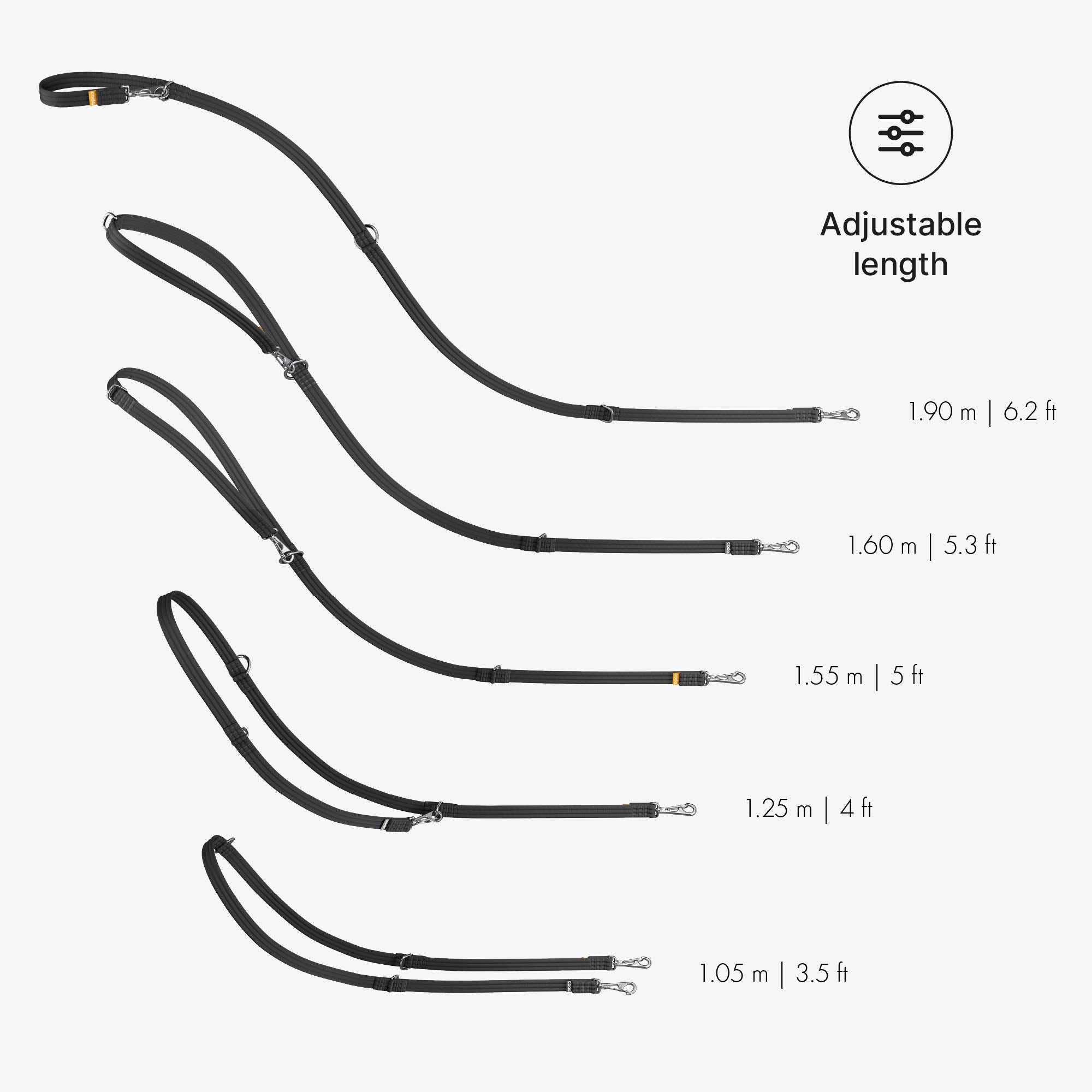 An adjustable dog leash with a range of lengths and measurements on a white background