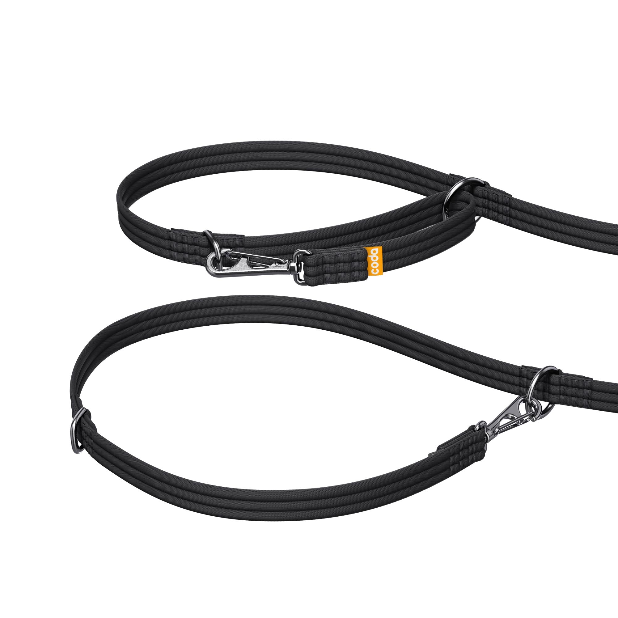 Black hands-free dog leash with multiple waist sizes on a white background