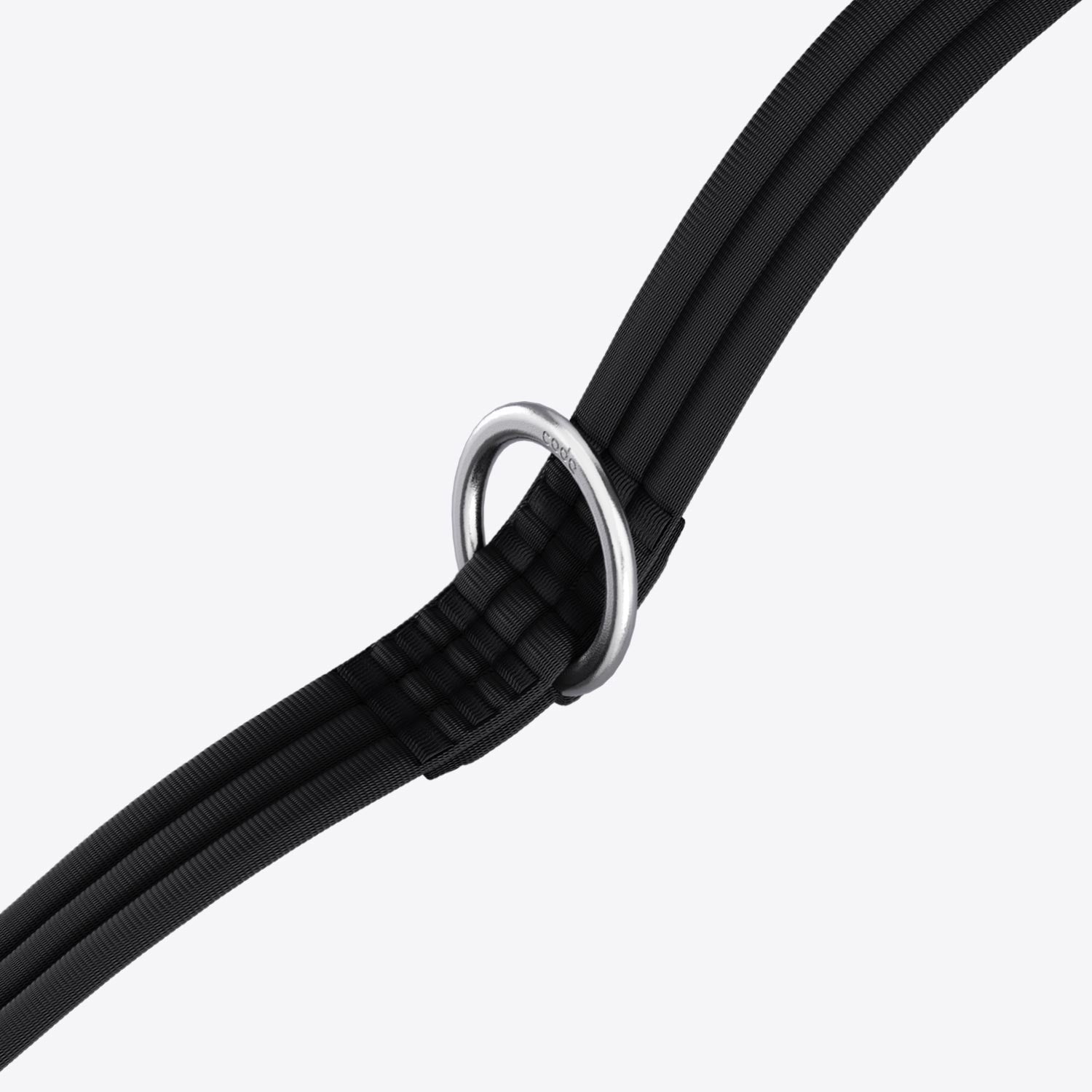 Strong and comfortable dog leash material with a stainless steel O-ring on a white background