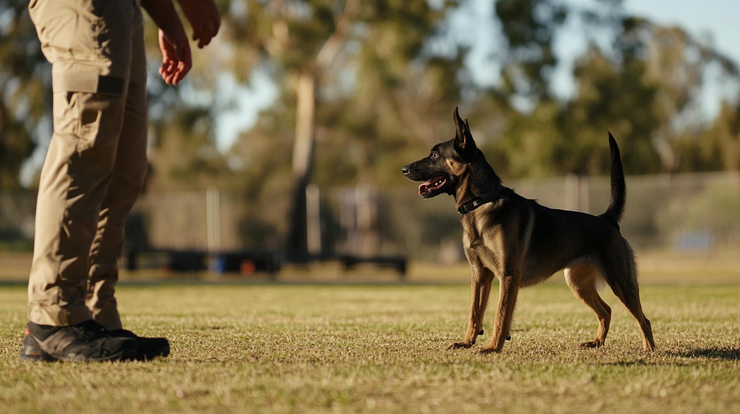 Dog exhibiting focused recall in an outdoor setting under trainer’s supervision