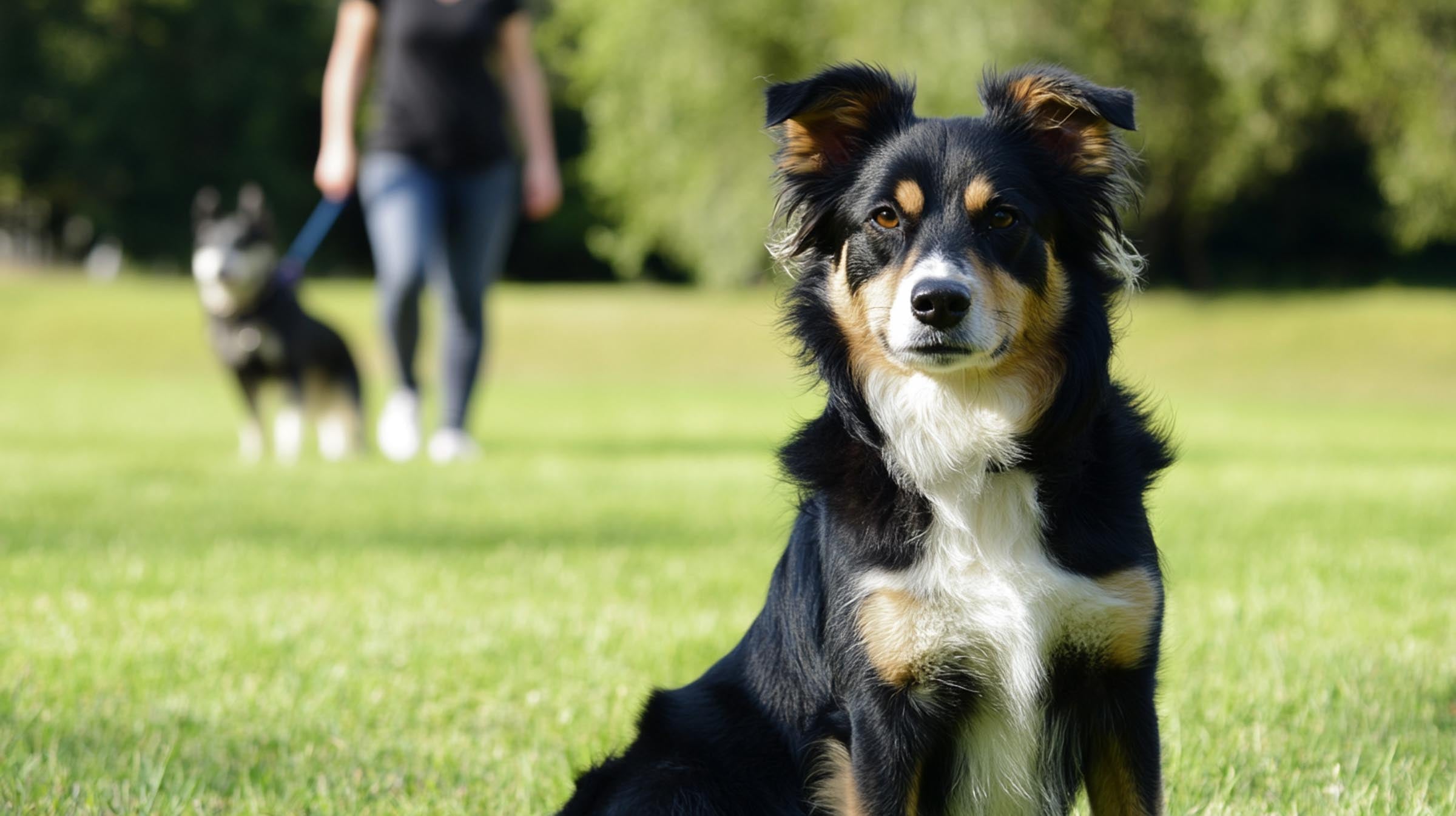 Dog sitting calmly with a dog in the background