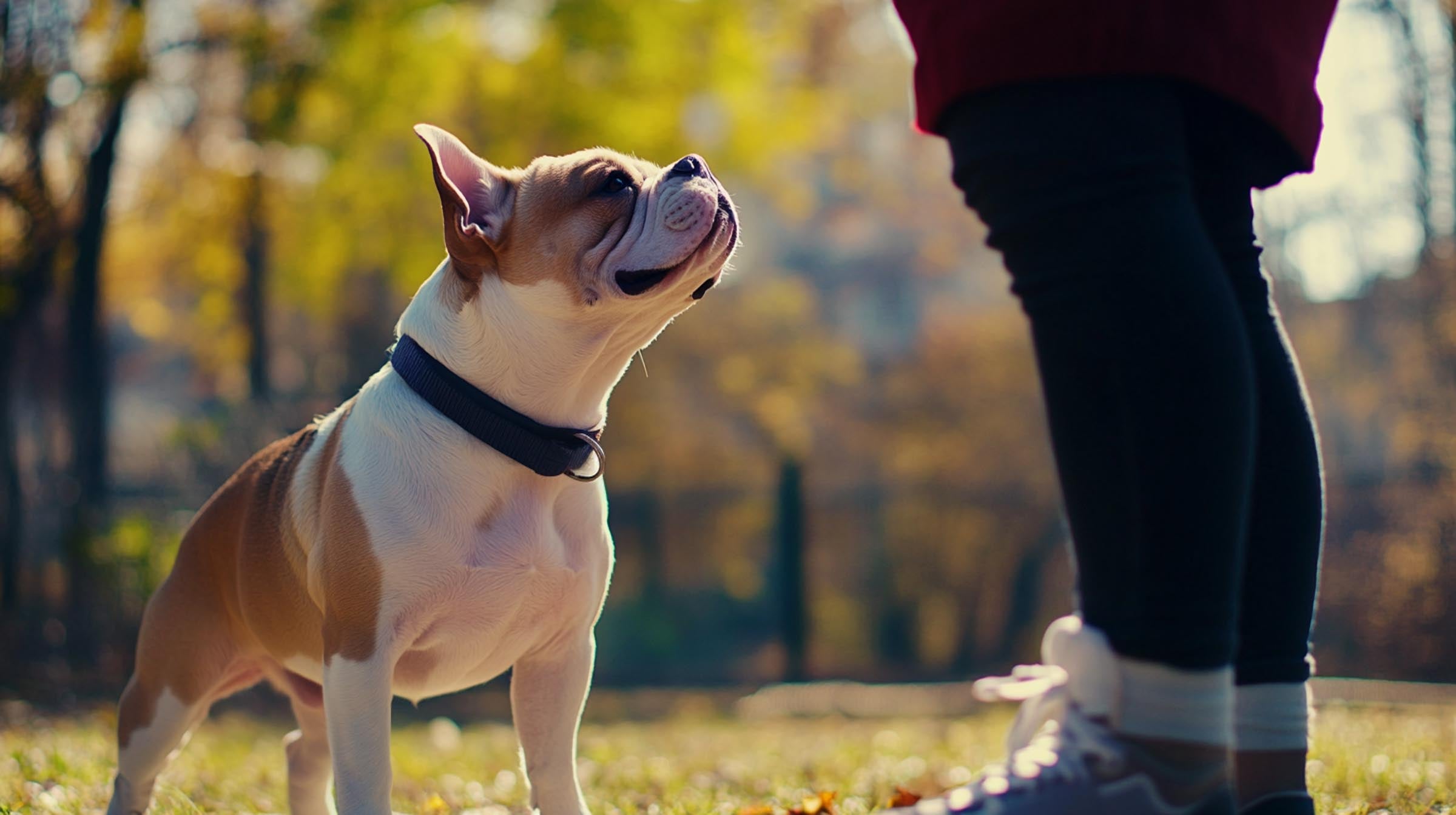 Dog attentively looking up at its owner during a walk in a sunny park