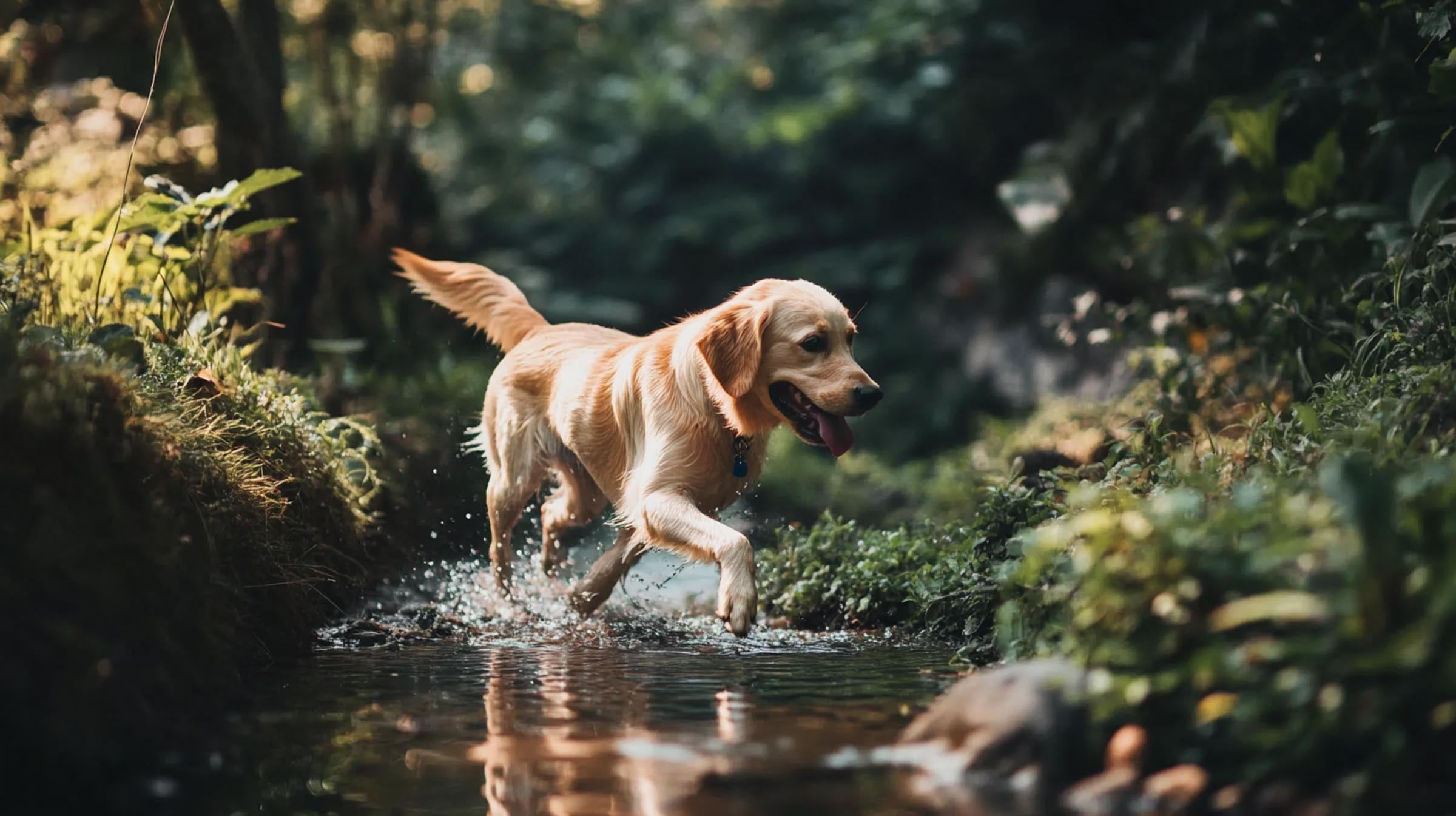 Dog roaming off-leash across a shallow stream