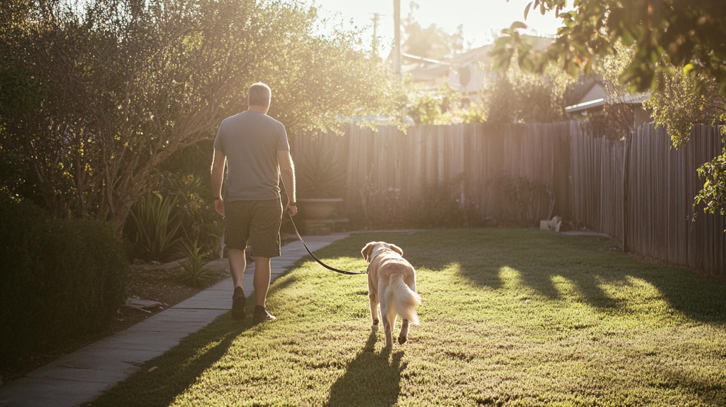 A dog and owner walking calmly in their backyard to start leash training in a controlled environment