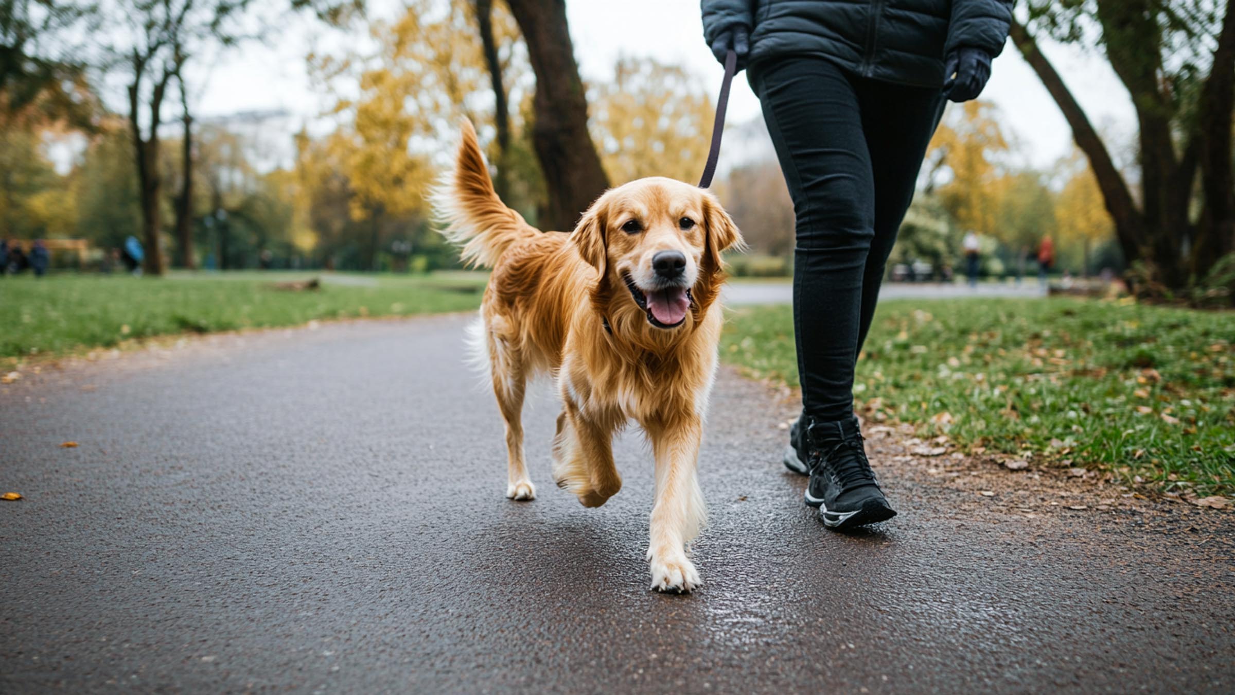 Golden Retriever walking calmly on a leash beside its owner in a park