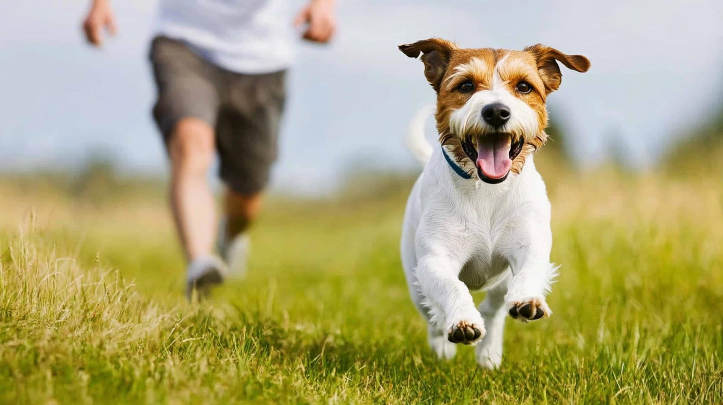 Dog joyfully running away off-leash in a grassy field with owner following behind