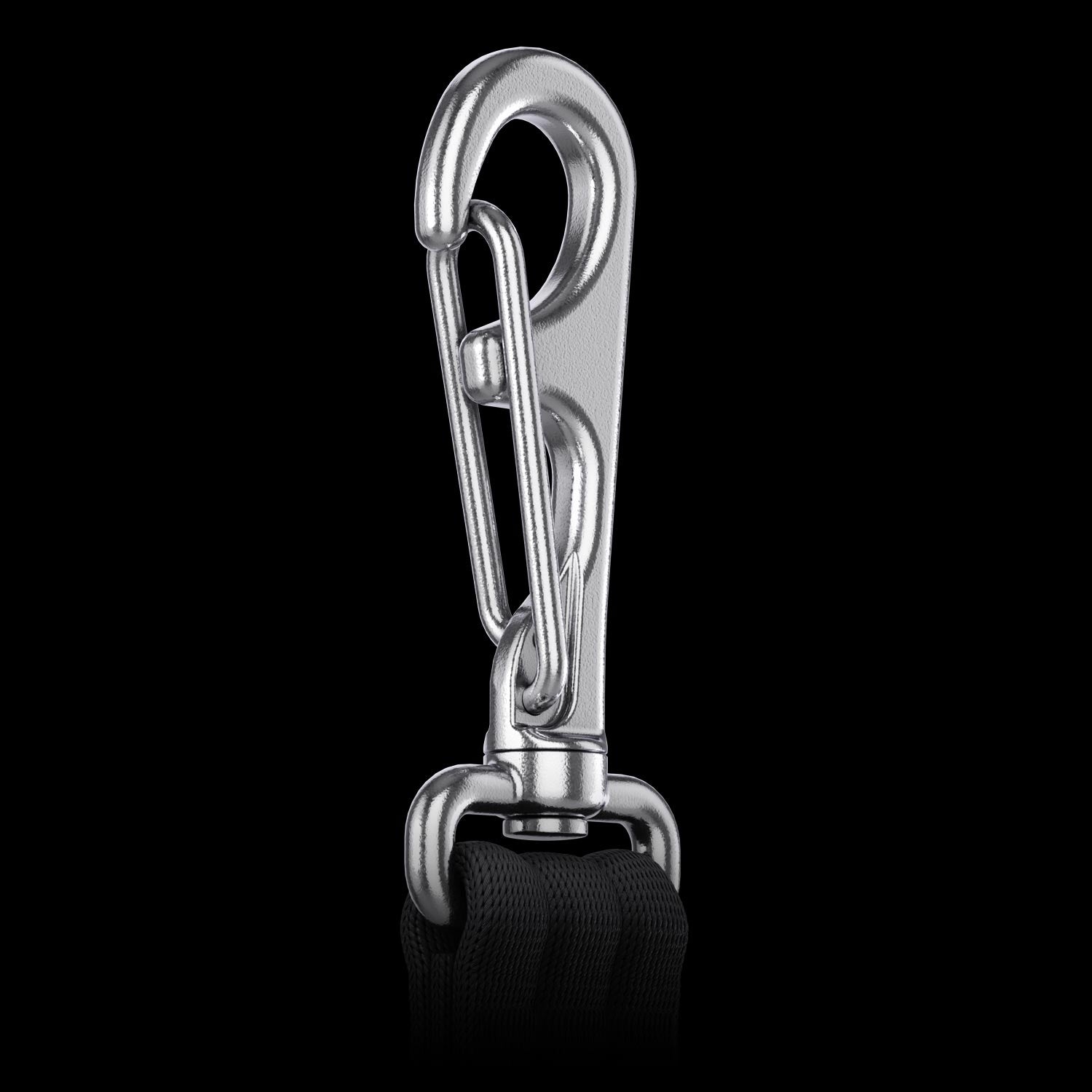 Stainless steel clip attached to a black dog leash on a black background