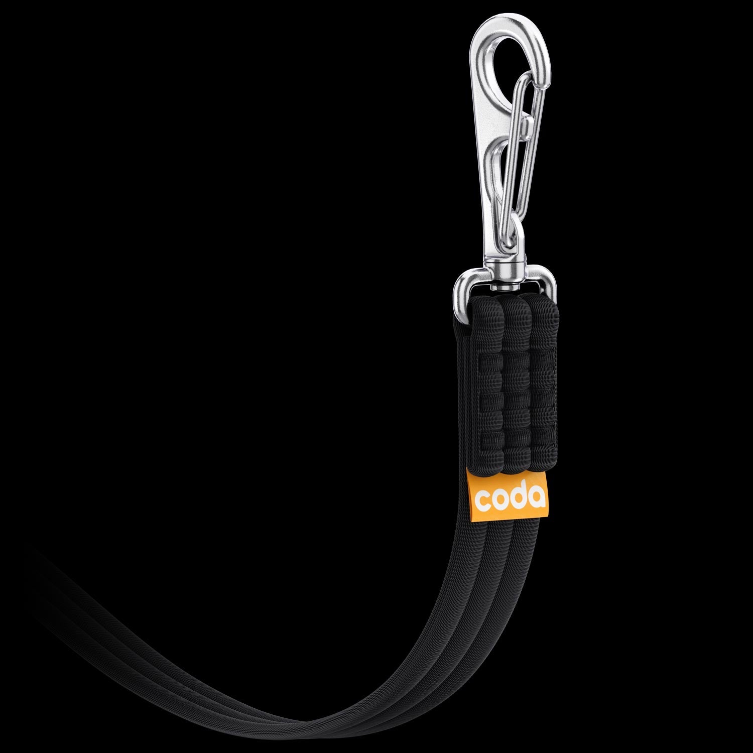 Black dog leash with stainless steel clip and orange Coda logo tag on a black background