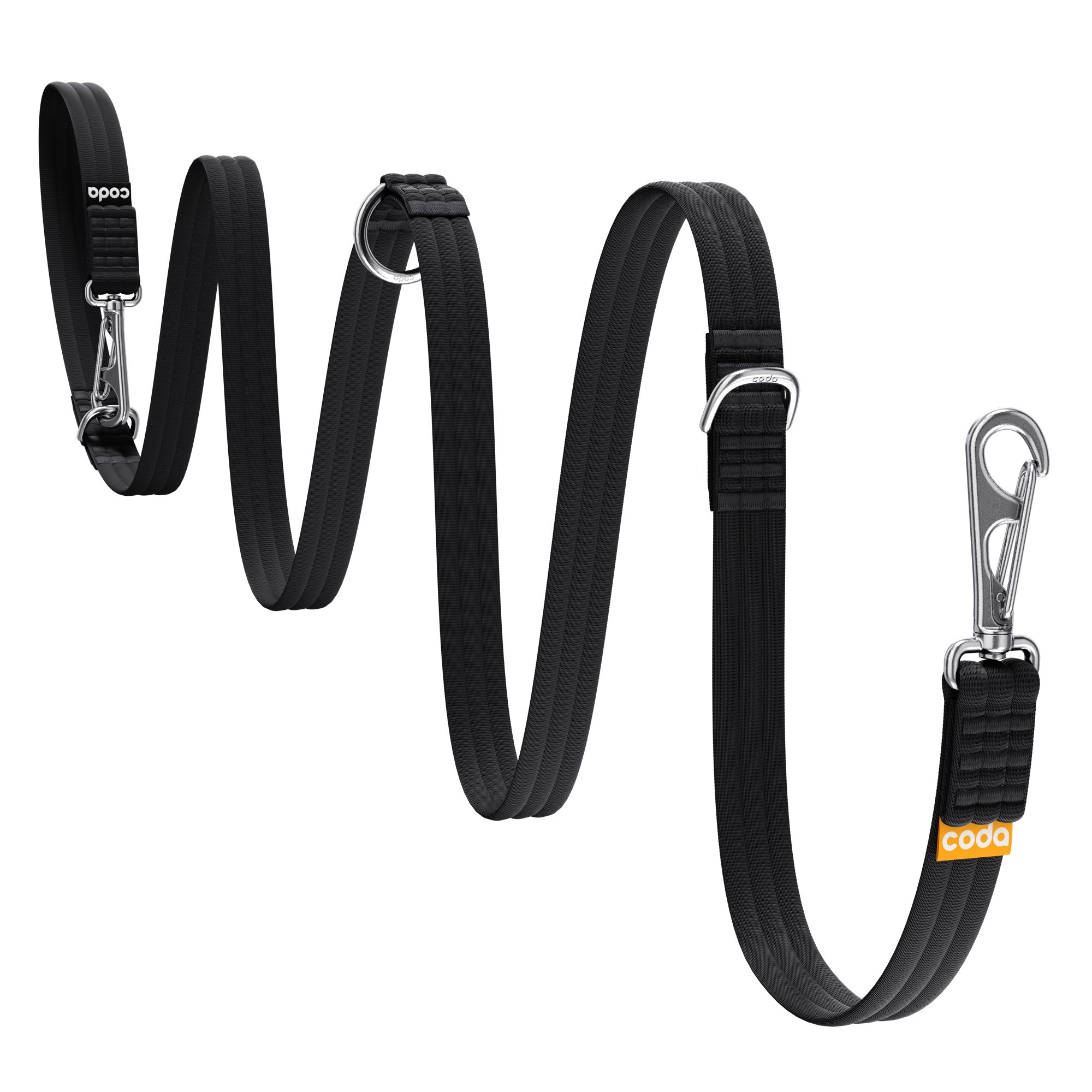 Black hands-free double-ended dog leash snaking across a white background