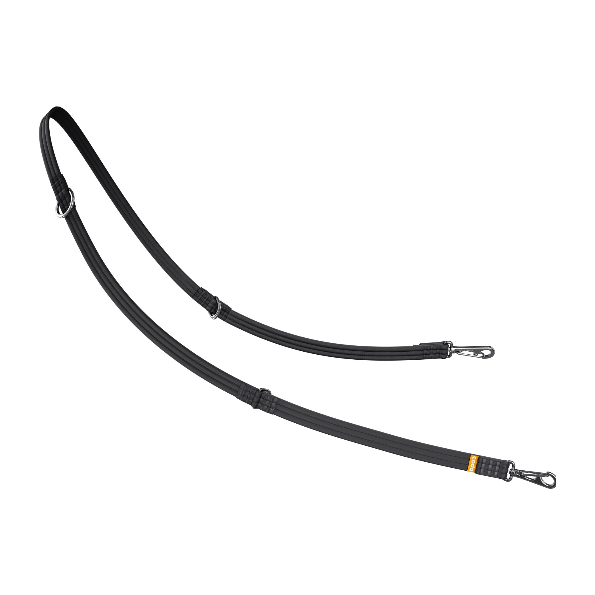 Black double-ended dog leash on a white background